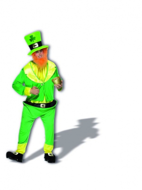  Leprechaun Kostuum, bestaande uit een groene jumpsuit met jasje hoed en baard. 