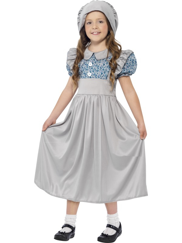 Victorian School Girl Kostuum, bestaande uit een jurk met bijpassende muts.