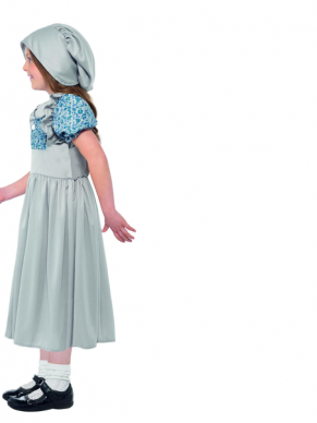 Victorian School Girl Kostuum, bestaande uit een jurk met bijpassende muts.