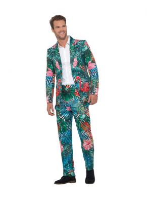 Hawaiian Tropical Flamingo Kostuum, bestaande uit een Multi-Gekleurd jasje en broek. Zo ga je toch nog in pak naar jouw Party.