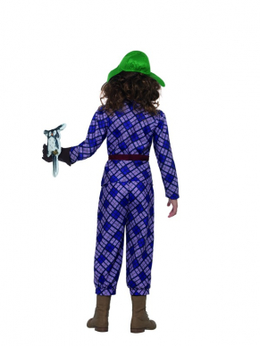 David Walliams Deluxe Awful Auntie Kostuum, bestaande uit een paarse broek en top, hoed, handschoenen en een Uil als accessoire.