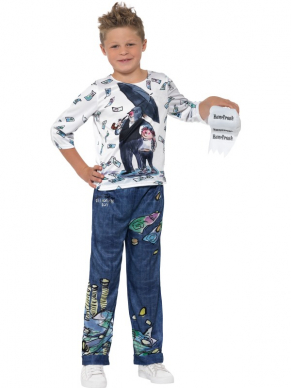 David Walliams Deluxe Billionaire Boy Kostuum, bestaande uit een top, broek en toiletrol als accessoire.