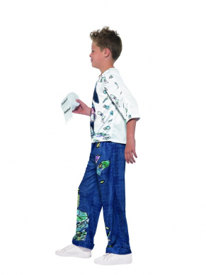 David Walliams Deluxe Billionaire Boy Kostuum, bestaande uit een top, broek en toiletrol als accessoire.