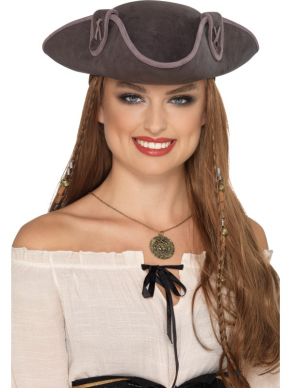 Maak jouw Piratenlook compleet met deze grijze mooie Tricorn Piraten Hoed. Deze hoed is zowel voor Dames als voor Heren te dragen, en leuk te combineren met de standaard grijze ooglap. :