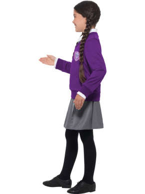 St Clare's Kostuum, bestaande uit een paarse trui met mock shirt, rokje, stropdas en mailliot.
