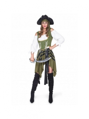 Dit Piraten Kostuum bestaat uit een off-shoulder blouse met vestje, rok en hoofdband. Om de look compleet te maken verkopen wij ook bijpassende pruiken, schmink en accessoires.