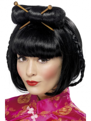 Zwarte Oriental Lady Pruik met stokjes.
