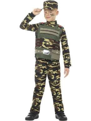 Super tof Camouflage Military Boy Leger Jongens Kostuum voor Carnaval of een ander verkleedfeest. Wat stoere schmink vegen erbij en de army look is helemaal klaar. Dit is een compleet verkleedkostuum met camouflage broek, shirt en pet. 