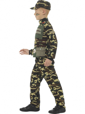 Super tof Camouflage Military Boy Leger Jongens Kostuum voor Carnaval of een ander verkleedfeest. Wat stoere schmink vegen erbij en de army look is helemaal klaar. Dit is een compleet verkleedkostuum met camouflage broek, shirt en pet. 