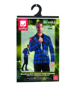 Bekend van de tv serie Breaking Bad, Breaking Bad Gustavo Fring Kostuum, DIt kostuum bestaat uit een blauw jasje, mock shirt met stropdas en protetishe wond met bloed en lijm.