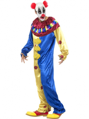 Dit Goosebumps Clown Kostuum spreekt voor zich, Multi-Coloured, Jumpsuit met Latex Pruik/Masker Cap en een rode neus. Met dit kostuum ben je in één keer klaar voor carnaval of een ander themafeestje.