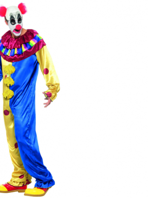 Dit Goosebumps Clown Kostuum spreekt voor zich, Multi-Coloured, Jumpsuit met Latex Pruik/Masker Cap en een rode neus. Met dit kostuum ben je in één keer klaar voor carnaval of een ander themafeestje.