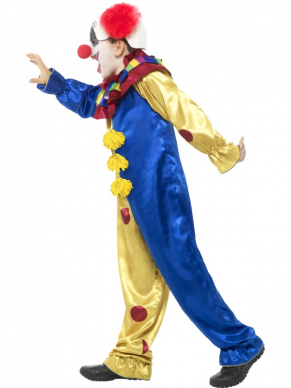 Goosebumps The Clown Kostuum, Multi-Gekleurde Jumpsuit met  Latex Masker/Pruik en een rode neus. Met dit kostuum ben je in één keer klaar voor Carnaval of een ander Themafeestje.