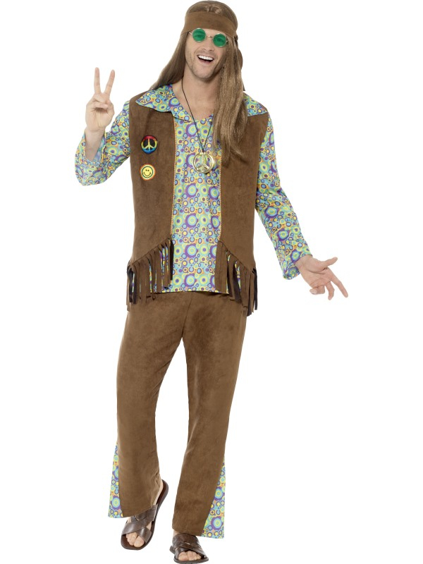  60s Hippie Kostuum bestaande uit een broek met top en gilet, medaillon en hoofdband. Maak de look compleet met bijpassende accessoires.