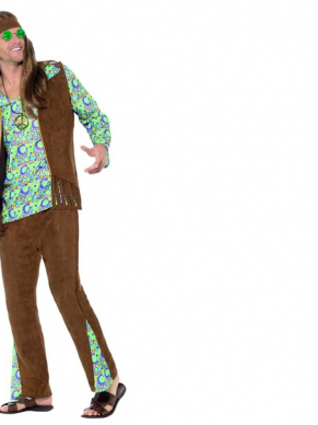  60s Hippie Kostuum bestaande uit een broek met top en gilet, medaillon en hoofdband. Maak de look compleet met bijpassende accessoires.