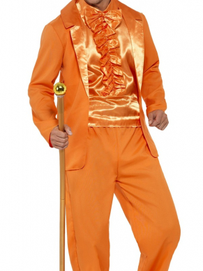 Back to the Nineties met dit geweldige oranje 90s Stupid Tuxedo Kostuum, bestaande uit een jasje met broek, mockshirt en hoed.