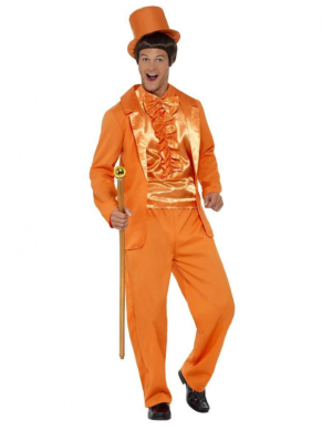 Back to the Nineties met dit geweldige oranje 90s Stupid Tuxedo Kostuum, bestaande uit een jasje met broek, mockshirt en hoed.