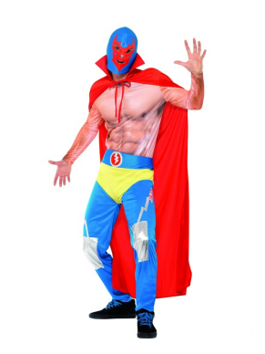 Mexican Wrestler Kostuum, Rood en Blauw met cape, legging, broek en masker.