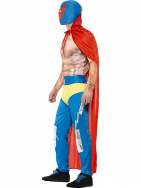 Mexican Wrestler Kostuum, Rood en Blauw met cape, legging, broek en masker.