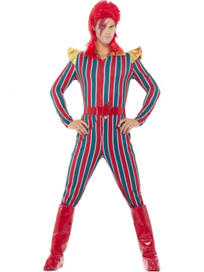 Space Superstar Kostuum, bestaande uit een multi-gekleurde jumpsuit met riem en bootcovers.