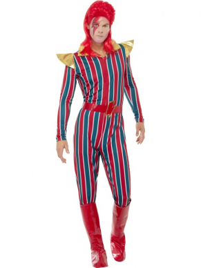 Space Superstar Kostuum, bestaande uit een multi-gekleurde jumpsuit met riem en bootcovers.