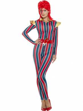 Miss Space Superstar Kostuum, bestaande uit een multi-gekleurde jumpsuit met riem.