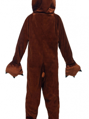 Beren Kostuum, bestaande uit een bruine jumpsuit met berenkop.