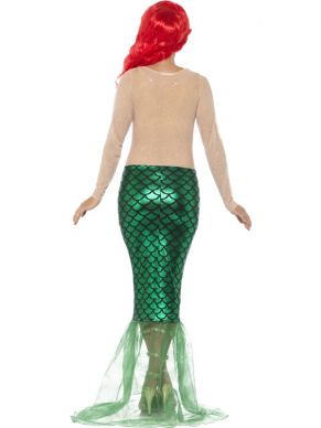Prachtig Deluxe Sexy Zeemeerminnen Kostuum, bestaande uit de jurk met paars bovenstukje en groen onderstuk met lovertjes en haarclip. Maak je look compleet met een mooie pruik.