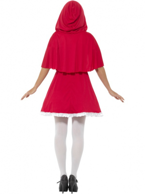Red Riding Hood Kostuum, bestaande uit een rood jurkje met schort en cape. Leuk voor Carnaval of feestje met Sprookjes thema. Bijpassende kousen verkopen wij los.