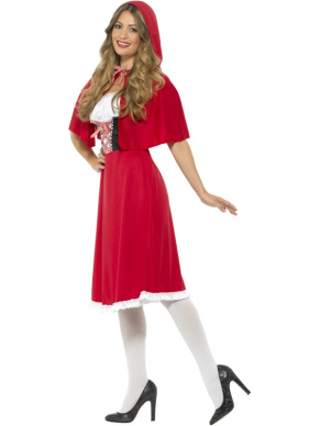 Red Riding Hood Kostuum, bestaande uit een rood jurkje tot op de knie en Cape. Bijpassende kousen verkopen wij los.Leuk voor Carnaval of een feestje met Sprookjes thema.