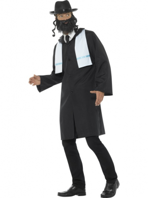 Rabbi Kostuum, bestaande uit een zwarte jas met sjaal, hoed en baard.