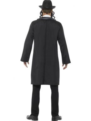 Rabbi Kostuum, bestaande uit een zwarte jas met sjaal, hoed en baard.