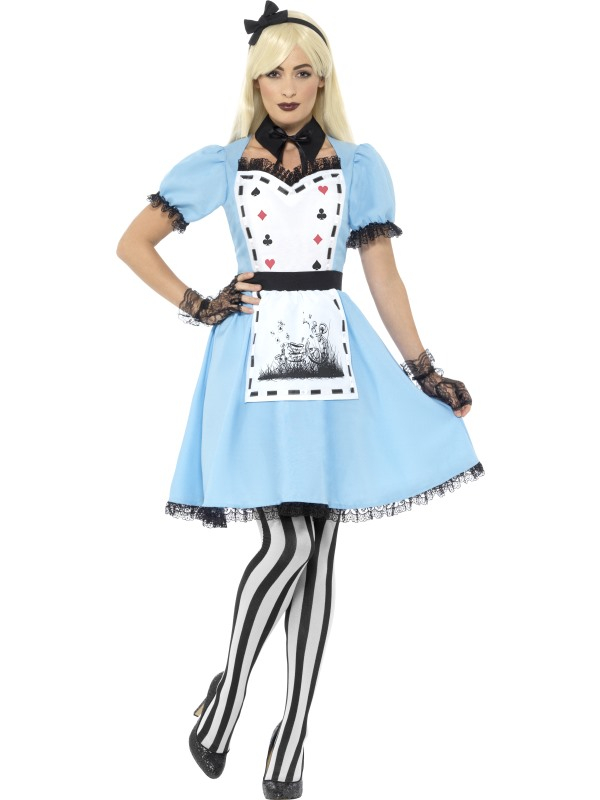 Bekend van de film Alice in Wonderland dit geweldige Deluxe Dark Tea Party Kostuum, bestaande uit de jurk met aangehecht schortje, kraag, panty en hoofdband. Maak de look af met een mooie pruik en de kanten handschoentjes.Wij verkopen nog meer kostuums en accessoires van Alice in Wondeland voor dames én heren.