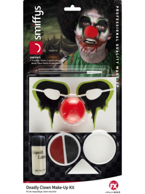 Maak je Clowns look Scary met deze Make-Up FX, Clown Kit, Aqua, Multi-Coloured, Transfers, Liquid Latex, Nose, Facepaints & applicator.