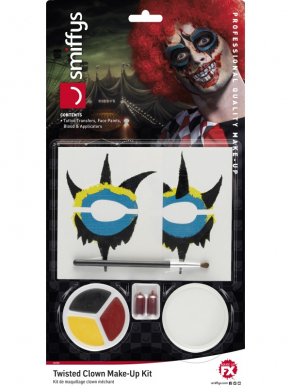 Maak je Clownslook Scary met deze  Make-Up FX, Twisted Clown Kit, Aqua, Multi-Coloured, Tattoo Transfers, Face Paints, Blood & applicator.