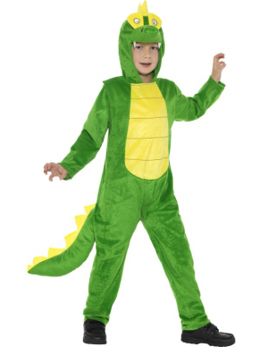 Deluxe Krokodillen Kostuum, bestaande uit de groene jumpsuit met muts en staart.