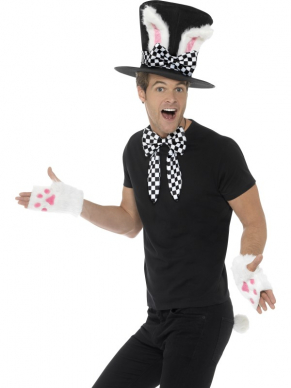 Maak jouw Alice in Wonderland look compleet met deze Tea Party March Kit, bestaande uit een zwart/witte hoed met konijnenoren, handschoenen, strikje en staart.