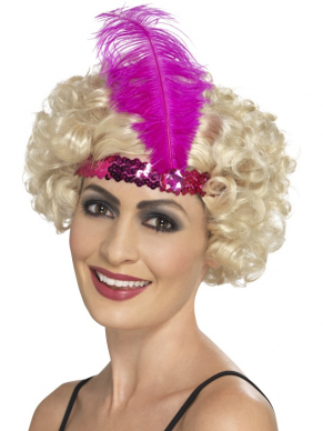 Flapper hoofdband, roze met veer. Mooi te combineren met onze Flapper Dresses.