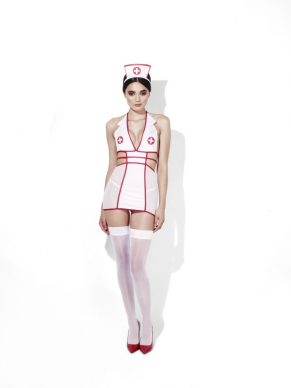  Fever Nurse, Feel Better Kostuum, bestaande uit het sexy halterjurkje, kousen en hoedje.