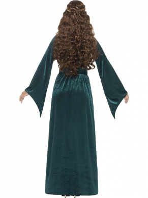 Terug naar de Middeleeuwen met deze prachtige groene Medieval Maid Kostuum, bestaande uit de jurk met haarband.