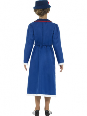 Terug in de tijd met dit prachtige Victorian Nanny Kostuum, bestaande uit de blauwe jurk met hoed en sjaaltje.