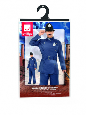  London Bobby Politie Kostuum, bestaande uit het blauwe pak met riem en hoed. Maak de look af met bijpassende accessoires die hieronder staan.
