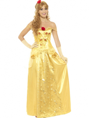Golden Princess Kostuum, bestaande uit de prachtige lange jurk met handschoenen en hoofdband. Maak de look compleet met bijpassende pruik die hieronder aangegeven staan.