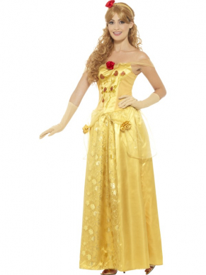 Golden Princess Kostuum, bestaande uit de prachtige lange jurk met handschoenen en hoofdband. Maak de look compleet met bijpassende pruik die hieronder aangegeven staan.