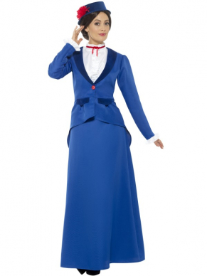 Bekend van de Film Mary Poppins dit Prachtige Victorian Nanny Kostuum, bestaande uit het blauwe jasje met rok, mockshirt en hoed. Wij verkopen nog meer Kostuums uit deze film.