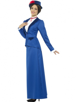 Bekend van de Film Mary Poppins dit Prachtige Victorian Nanny Kostuum, bestaande uit het blauwe jasje met rok, mockshirt en hoed. Wij verkopen nog meer Kostuums uit deze film.