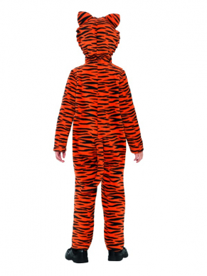  Tijger Kostuum voor peuters, bestaande uit de zwart/oranje jumpsuit met muts en staart.