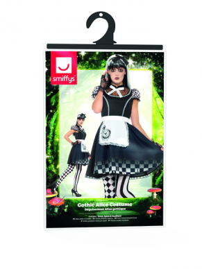 Alice in Wonderland Gothic Alice Kostuum, bestaande uit de zwarte jurk met schortje en hoofdband. Maak de look compleet met bijpassende accessoires zoals pruik, handschoenen en panty/kousen.