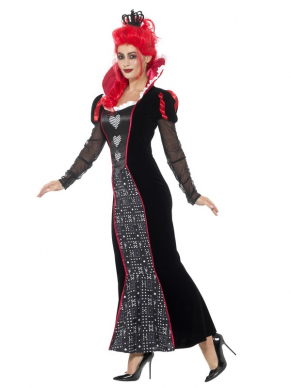 Uit de film Alice in Wonderland dit prachtige  Deluxe Baroque Dark Queen Kostuum, bestaande uit  de lange jurk met pofmouwtjes en opstaande kraag en bijpassende haaraccessoire. 