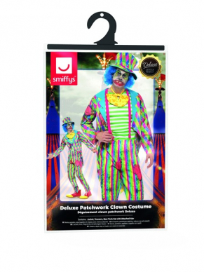 Vrolijk gekleurd Deluxe Patchwork Clown Kostuum, bestaande uit het multi-gekleurde pak met strik en hoed met haar. Maak de look compleet met bijpassende accessoires.